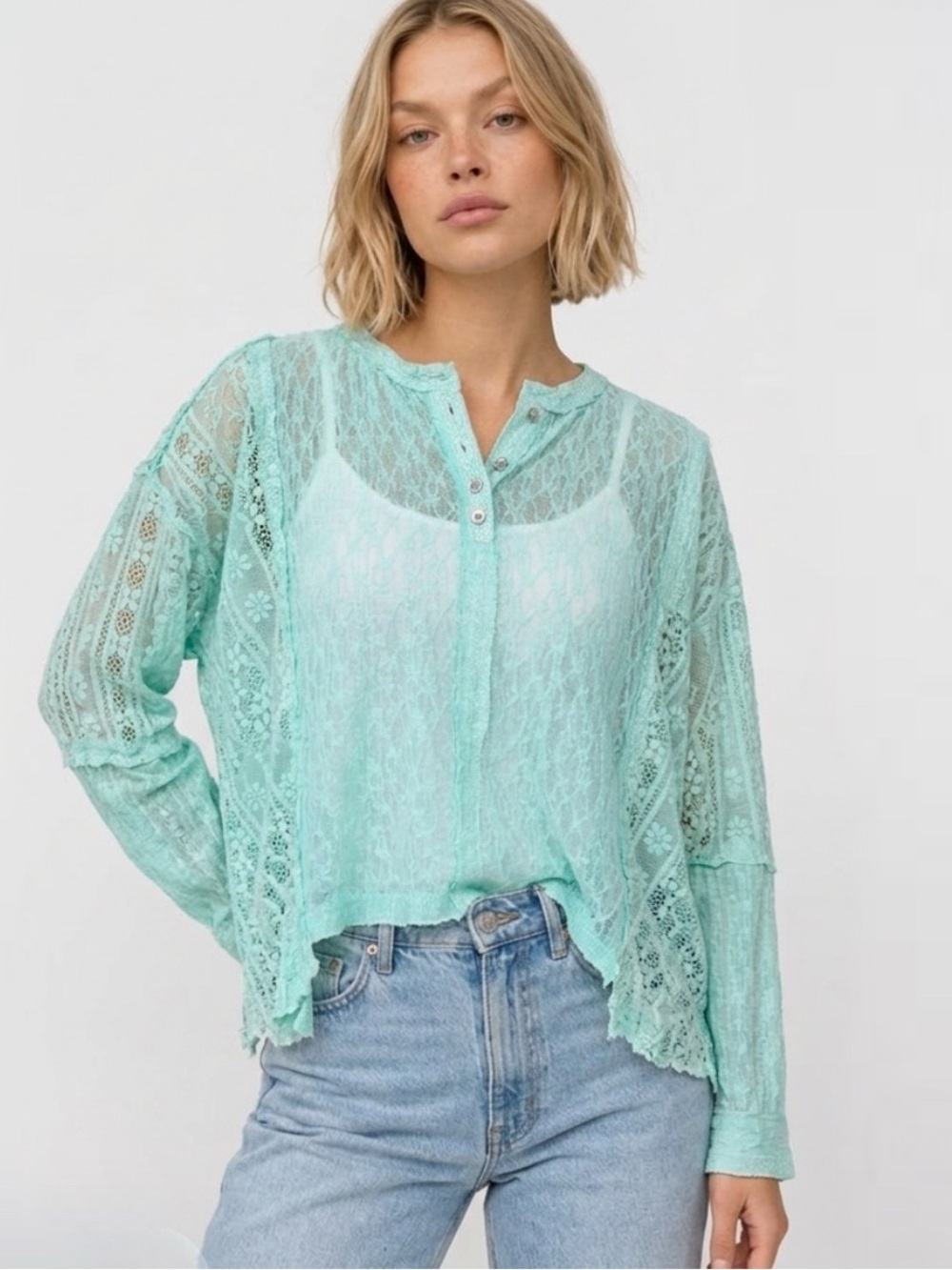 POL sheer lace Henley top